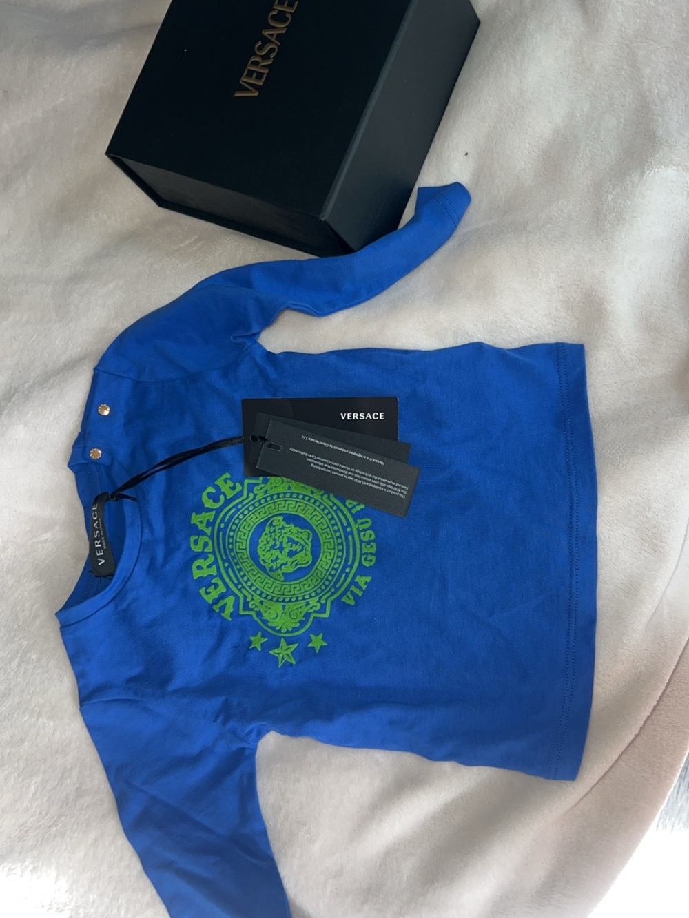 Versace Kids Bright Blue Long-Sleeve Tee with Neon Green Medusa Print